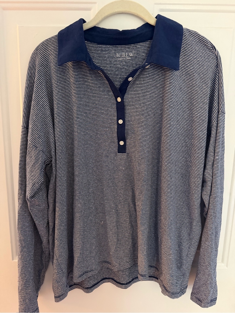 J. Crew Navy and White Striped Long-Sleeve Polo
